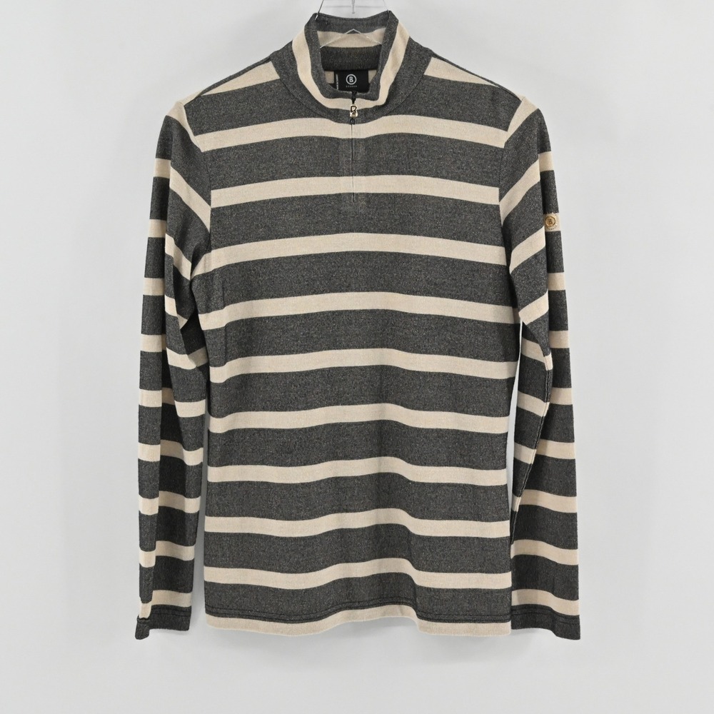 Bogner Striped Quarter Zip Pullover‎ Sweater Womens Size L Grey Beige Metallic